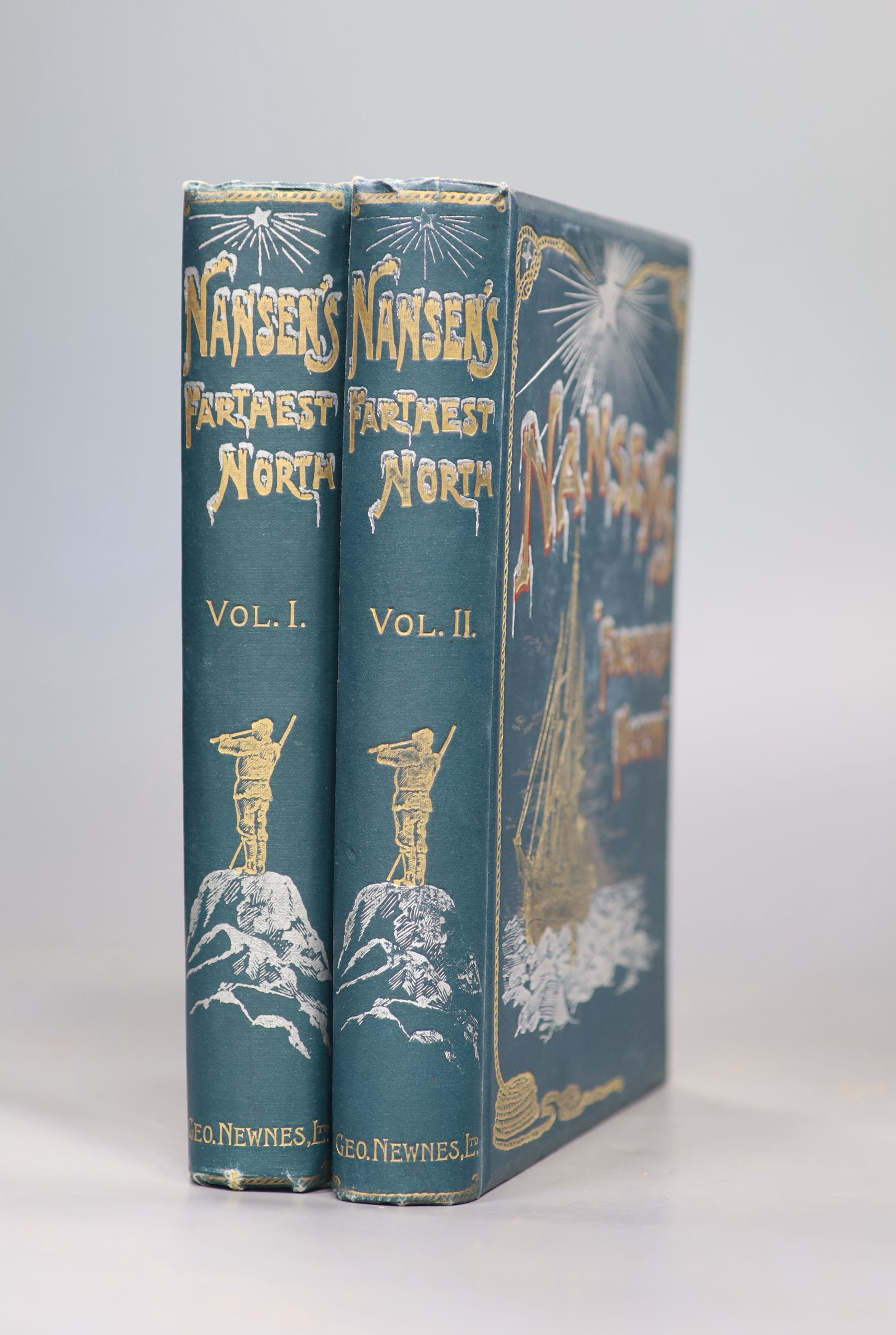 Nansen, Fridtjof - Farthest North, 2 vols, 2nd English edition, 8vo, original silver and gilt pictorial cloth, extremities rubbed, with folding map (with small tear) George Newnes, London, 1898